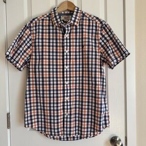 Original Penguin Navy White Orange Plaid Short Sleeve Button-Up Shirt Size L